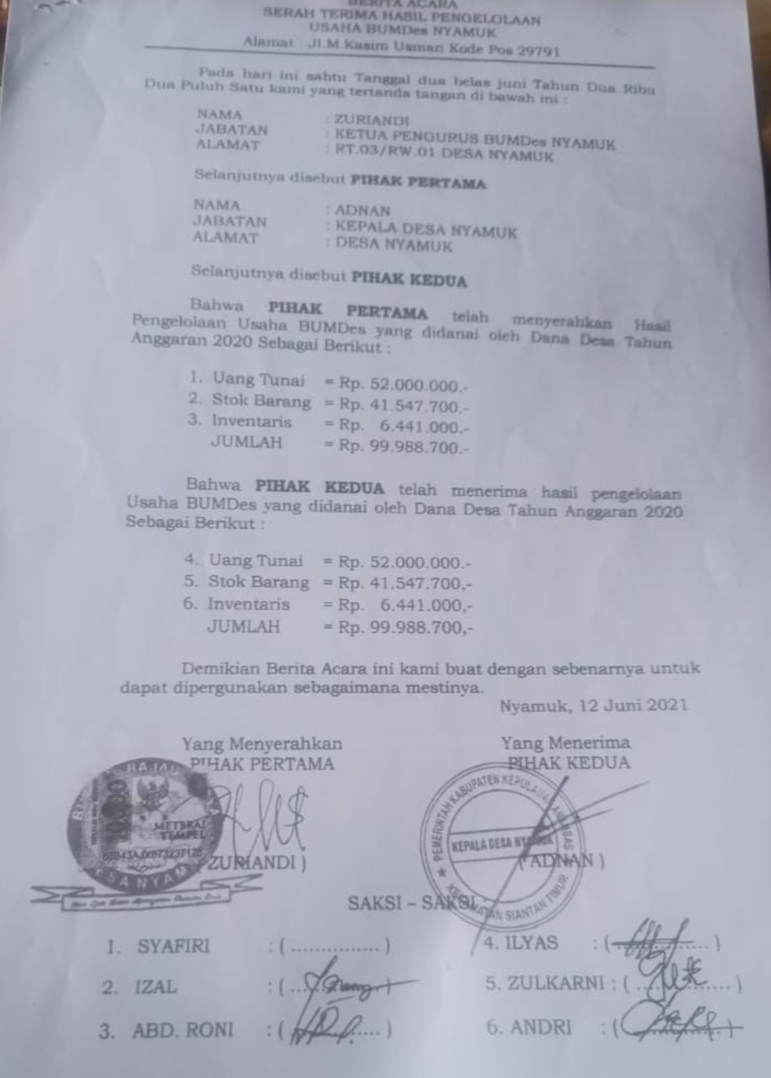 Serah Terima Hasil Pengelolaan Usaha BUMDes Bajau Karya Desa Nyamuk, Diduga Manipulasi Tanda Tangan