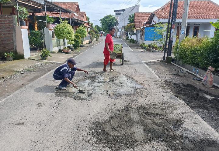 Warga Mengori Goro Tambal Jalan Berlubang, Rifqi Kadus Wanalaba Berharap Pemda Perhatikan  Drainase