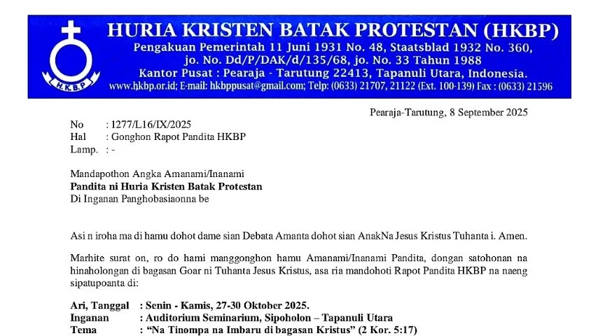 HKBP Gelar Rapat Pendeta Oktober 2025 di Sipoholon, Tapanuli Utara