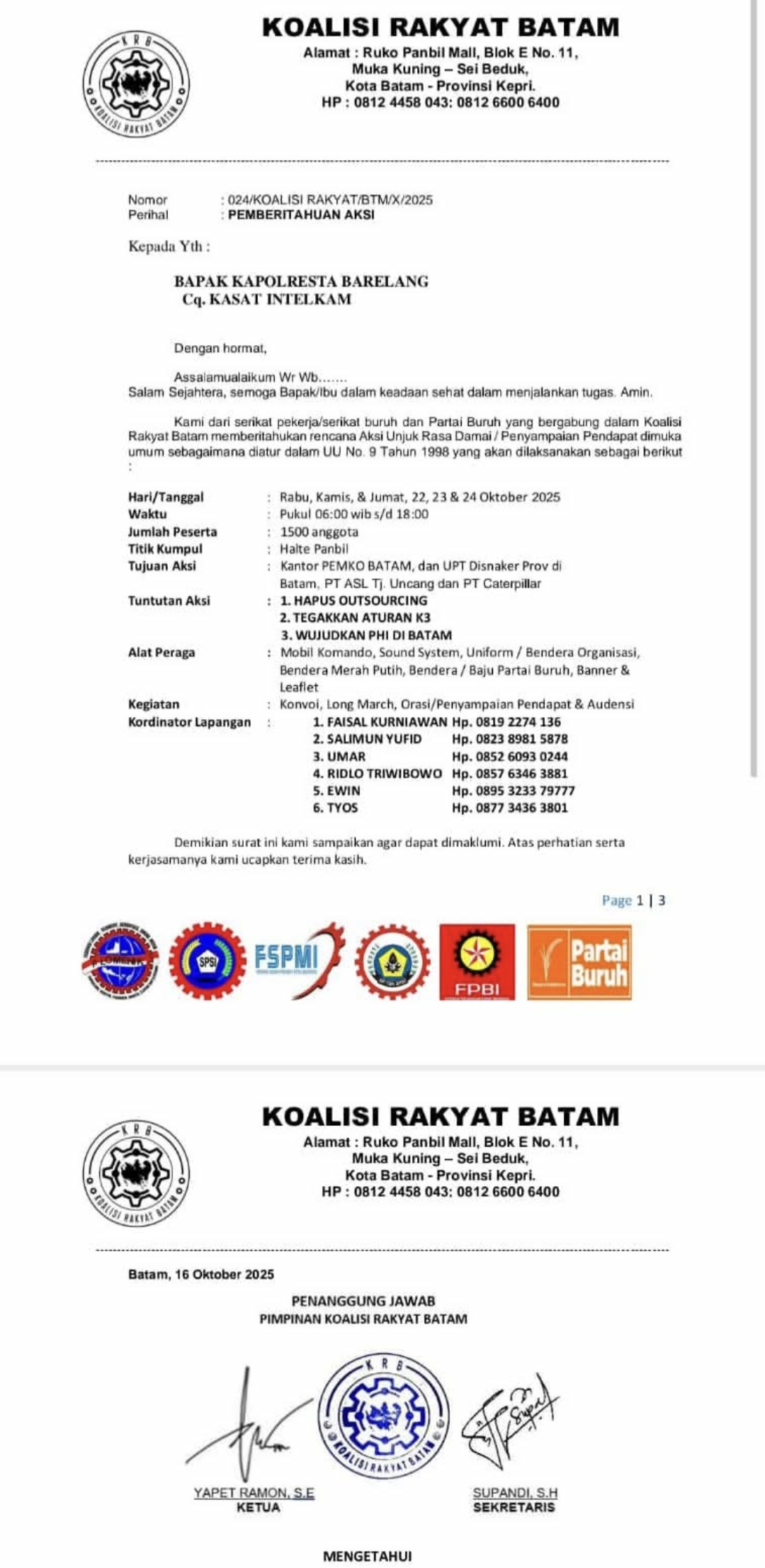 Jelang Aksi Unjuk Rasa Buruh di Batam, Selebaran “Koalisi Rakyat Batam” Beredar di Media Sosial — Soroti Outsourcing, K3, dan PHI