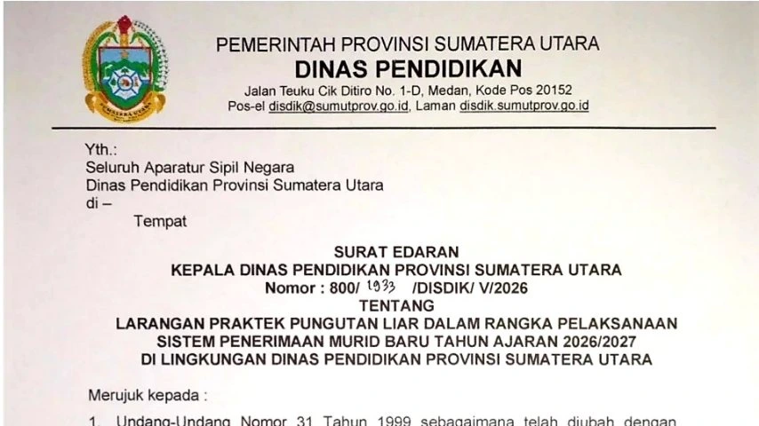 Disdik Sumut Terbitkan Larangan Pungli SPMB 2026, ASN Dilarang Janjikan Kelulusan