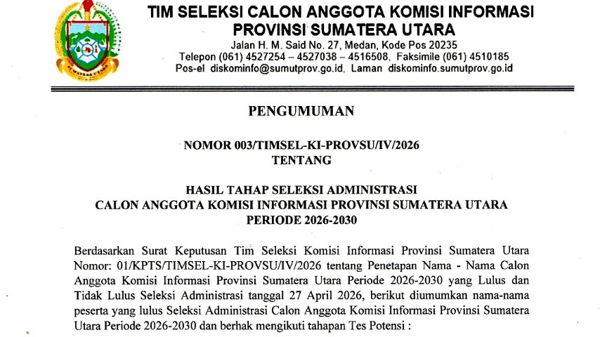 Pengumuman KI Sumut 2026, Ini 76 Peserta yang Lulus Seleksi Administrasi